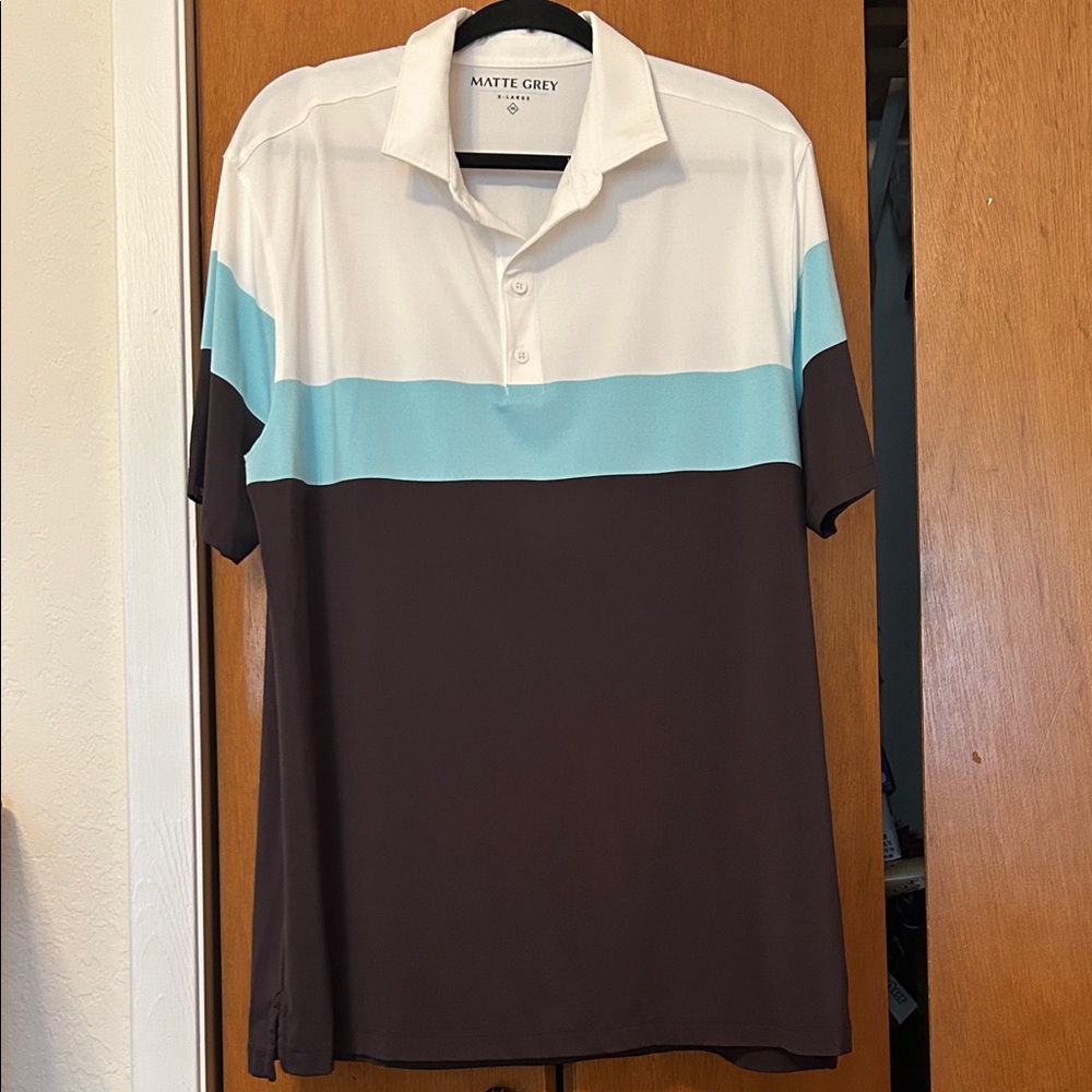 Matte Grey Men’s Colorblock Polo in White, Light Blue & Brown
